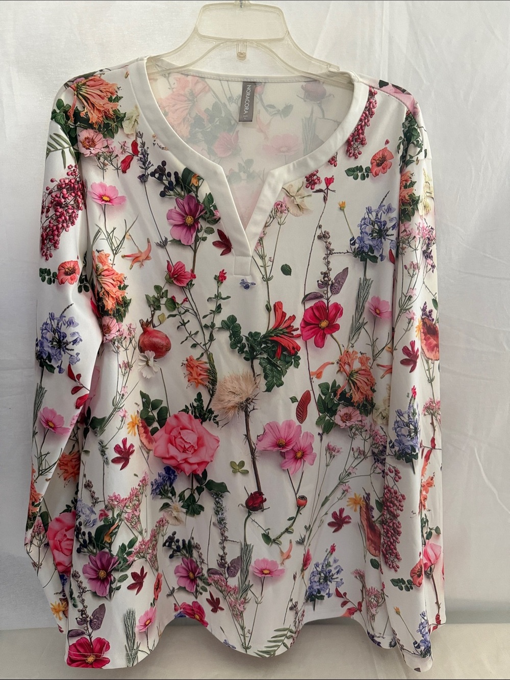 Floral V-Neck Long Sleeve Top - Pink Multi by Noracora SZ XL